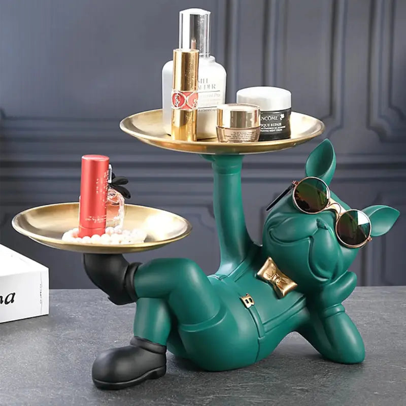 Escultura Decorativa e Porta Objetos de Luxo com Bandeja Dupla Bulldog Relaxado Bigstock